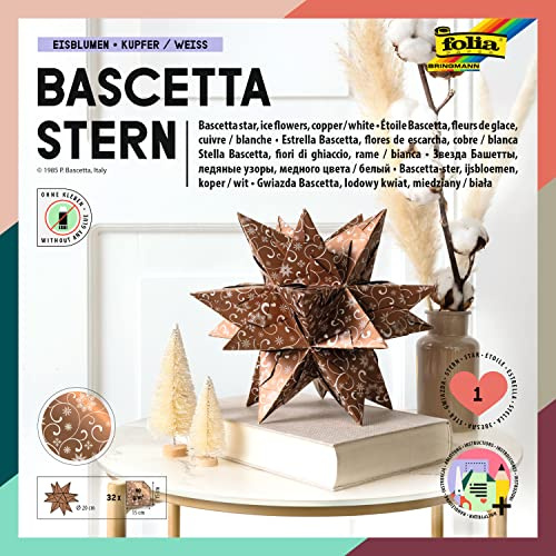 folia 411/1515 – pysselset, bascetta stjärna, juldekoration, koppar/vit, 32 ark, 15 x 15 cm, färdig storlek på pappersstjärna ca 20 cm, med detaljerade instruktioner – perfekt för tidlös dekoration