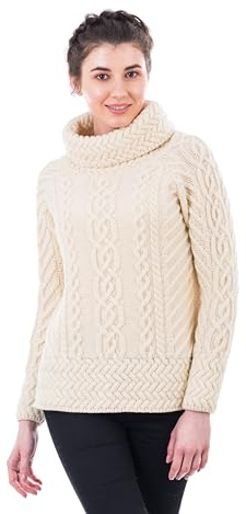 SAOL - Maglione 100% lana merino Fisherman, collo a imbuto Irish Aran, da donna, colore grigio e verde, naturale, L