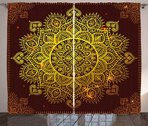 ABAKUHAUS Mandala Cortina, Arte Oriental del Copo de Nieve, Sala de Estar Dormitorio Cortinas Ventana Set de Dos Paños, 280 x 225 cm, Amarillo marrón