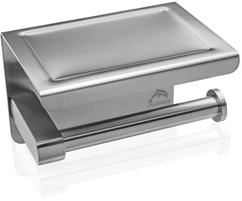Dolvhin Toilettenpapierhalter ohne Bohren | Premium Klopapierhalter mit Ablage & Einkerbung | Edelstahl Klorollenhalter Selbstklebend | WC Rollenhalter zum kleben ohne Bohrlöcher (Gebürstet)