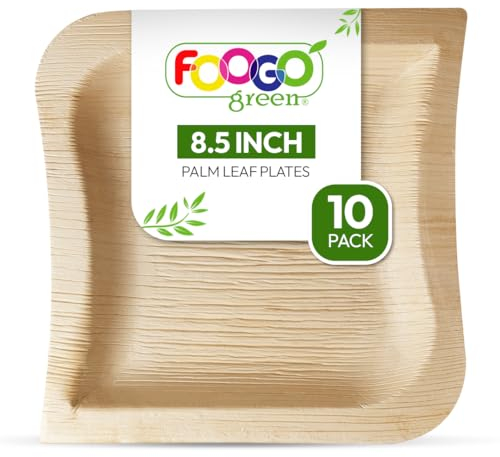 FOOGO Green 10 Disposable Palm Leaf Plates, Eco-Friendly Biodegradable Compostable Plates, 8.5 (21cm), Rustic Style, Microwave & Freezer Safe, Perfect for Hot Food, Weddings, Parties & Outdoor Events