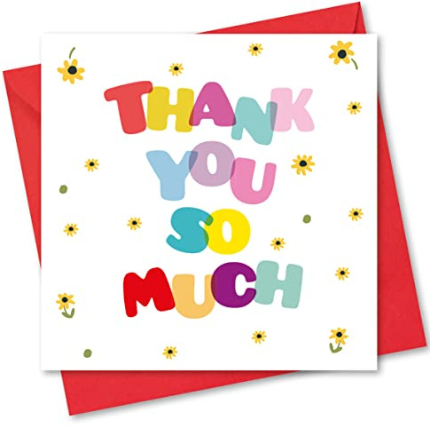 Thank You Card. Colourful Text Design with matching Envelope. 150x150mm. Blank Inside. Envelopes included. Made in UK.