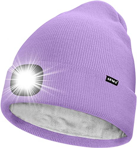 ATNKE LED-mössa med ljus, uppladdningsbar USB 4 LED-upplyst löpmössa, extremt ljus lampa, vinter, varm, fodrad fleece, stickad mössa för män och kvinnor, presenter, Taro Purpur, En Storlek