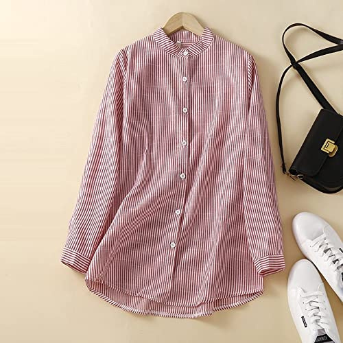 Bluse E Camicie da Donna, Camicie Casual da Donna Camicie Camicetta Colletto alla Coreana A Righe di Moda Camicie di Base Camicie A Maniche Lunghe in Lino di Cotone con Bottoni Sciolti Camicette da