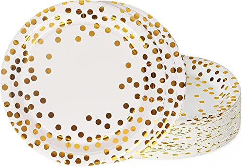 TOPWAYS Bianco Oro Piatti Carta, 48pcs carta servizio piatti monouso piatti stoviglie per feste di decorazioni compleanno bambini uomini donne, Matrimoni, Decorazioni Anniversari 7 pollici