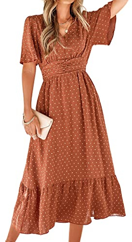 BebreezChic Vestido largo bohemio de manga corta con cuello en V de cintura alta fruncido con lunares suizos vestido de playa maxi, caramelo, XL