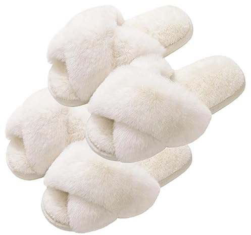 Evshine 2Pairs Women's Fuzzy Slippers Cross Band Memory Foam House Slippers Open Toe Indoor Outdoor Shoes, White, 38-39 (Size 7-8)