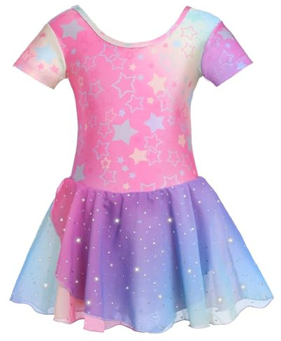 zffriction Girls Ballet Dress Shinny Short Sleeve Ballet Outfit Short Sleeve Dance Ballet Leotard Ballerina Costume with Sequin Chiffon Skirt (Rainbow Star,110)