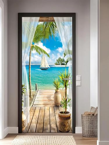 FLFK 3D Door Stickers Peel and Stick 85x215cm,Self-Adhesive Door Murals Wallpaper Poster Blue Sky White Clouds Coconut Tree Decals for Home Decor(2Pcs/Set)