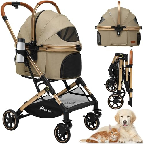 YITAHOME Cochecito para perro, cochecito para mascotas, cochecito plegable para perros medianos de 15 kg, con cesta de almacenamiento desmontable, portavasos, transportador de mascotas con 4 ruedas