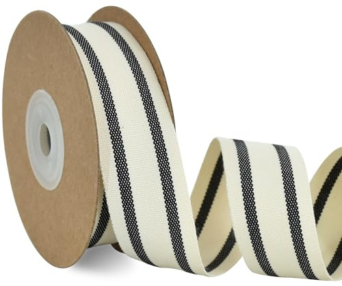 RIBBOOO Nastro di cotone a righe nere da 2,5 cm, per fai da te, confezioni regalo, bouquet floreale, nastro natalizio in cotone naturale, per San Valentino, matrimonio, compleanno e decorazione per