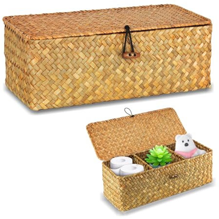 32 cm x 12 cm x 10 cm Seagrass Cesta Vimini con Coperchio, Rettangolare Cesto Portaoggetti in Vimini, Cestino Intrecciato a Mano a 3 Scomparti per Bagno, Soggiorno, Cucina (Arancione Chiaro)