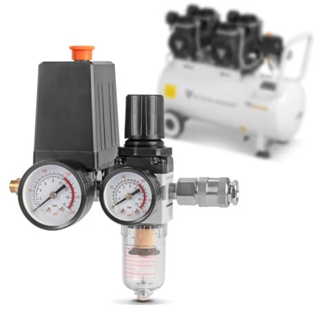 STAHLWERK Druckschalter DEW-20 ST 0-10 bar Druckregler | Steuerventil | Kompressor-Schalter mit Manometer, Wasserabscheider und Schnellkupplung für Druckluft-Kompressoren