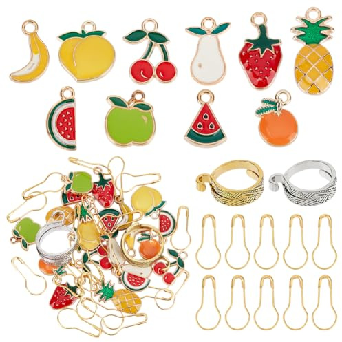 CRAFTYMELODY 20 marqueur de Maille Marqueur de Mailles en Alliage Émaillé Breloques en Forme de Fruit Anneau de Tricot Réglable pour les Doigts 2 pièce