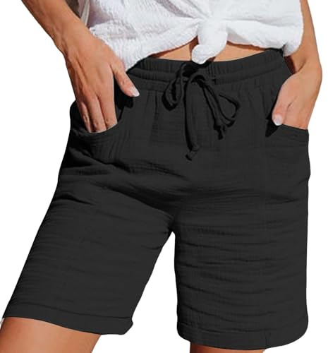 Linen Shorts Women Summer Knee Length Cropped Trousers Ladies Solid Drawstring Hot Pants with Pockets Casual Loose Elastic Waist Shorts Half Length Capri Bermuda Short Black