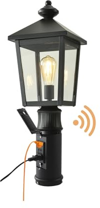 Outdoor Post Light with GFCI Outlet, Dusk to Dawn Aluminum Pole Lantern with Built-In Weatherproof Socket, IP65 Waterproof Post Light Fixture with Clear Glass Shade, Black for Yard Pathway Garden