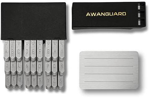 AWANGUARD - Jeu de Poinçons en Acier au Chrome-Vanadium + Test Plaque en Acier Inoxydable. 27 x Lettres (A-Z) pour la SEED Phrase de Récupération. Outil de Stockage des Mots de Cryptomonnaie + Plaque.