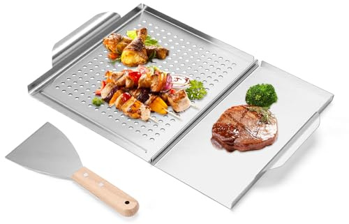 Grillskål, 31 x 45 cm grillskål i rostfritt stål, med böjt handtag och hög kant, grillplatta för kolgrill, alla grillar, grilltillbehör, diskmaskinssäker