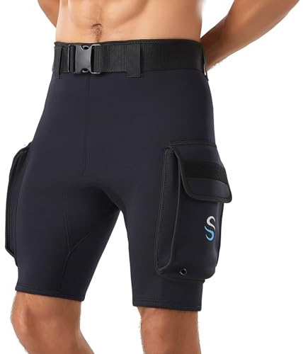 L,Pantalones Cortos de Pesca Submarina para Hombre en Neopreno 3 mm con Cinturón, Shorts de Buceo con Bolsillos de Drenaje Dobles para Buceo, Apnea, Surf y Snorkel