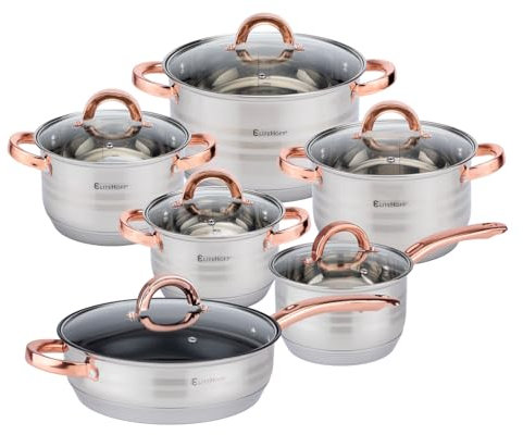 EliteHoff Topfset Induktion, Kochtopf Set mit Glasdeckel, 7-lagiger Edelstahl Topf- & Pfannensets mit Deckel, Griffe in Roségold, Kochgeschirr Set für alle Herdarten (12-teilig)