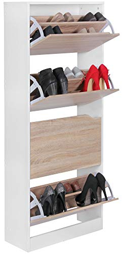Wohnling Schuhschrank mit 4 Fächern zum Klappen Schuhkommode 60 x 150 cm Schuhregal für 24 Paar Schuhe Kommode Schuh-Kipper modern Garderoben-Möbel Schuhaufbewahrung Sonoma Eiche/Weiß