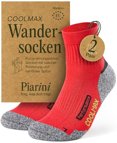 Piarini 2 paia di calze da trekking estive Coolmax, traspiranti, anti-bolle e rinforzate - calze da trekking outdoor da uomo e donna - taglia 35-38 fino a 47-50, Colore: rosso, 47-50