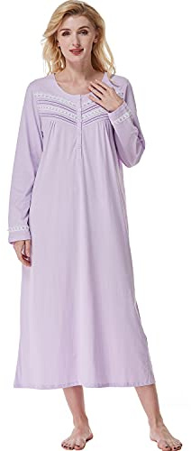 Keyocean Chemise de Nuit Femme Coton Longue Robe de Nuit à Manches Longues
