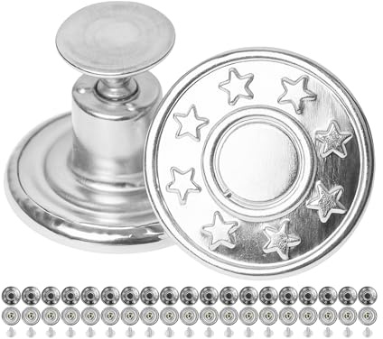 Byxknappar för nitning, 20-pack, Ø 17 mm jeansknappar i mässing, silverfärgade, jeansknapp med nitar, jeansknapp för nitning, byxknapp i metall, gör byxan bredare, robusta byxknappar