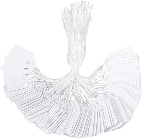 G2PLUS 500PCS Mini Strung Price Tags - White String Pricemarker Labels, 15x 24mm Tie on Paper Tags, Jewelry Marking Tags - Blank Gift Marking Labels with String for Jewelry Clothing Display