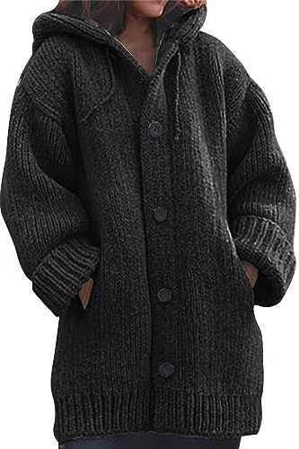 LOIJMK Veste en tricot pour femme avec capuche, vestes en tricot pour femmes grandes tailles, manteau en tricot chaud avec capuche, veste d'extérieur décontractée avec poches, veste en tricot avec