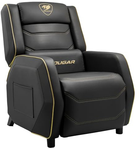 COUGAR GAMING | FAUTEUIL GAMING | RANGER S ROYAL - Sofa Noir et Or - Cuir PVC - Appui-tête et Oreiller Lombaire - Pepose-pieds Pliable - Dossier Inclinable