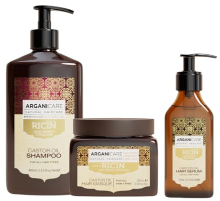ARGANICARE | Shampoo + Maske + Serum Rizinus | Wachstumsbeschleuniger | beruhigt das Kopfleder | nährt und stärkt das Kopfleder | kräftiges und glänzendes Haar | 400 ml + 500 ml + 100 ml