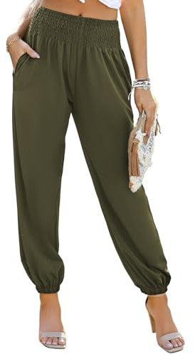 Dokotoo Sommerhose Damen Lässige Palazzo Hose Hosen mit Taschen Baggy Elastisch Stoffhose Einfarbig Freizeithose Jogginghose Grün 2XL