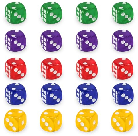 KSJEHW 20 Stück Polyedrische Würfel D6 Würfel Spielwürfel aus Acryl 14 mm Bunter Würfel Mehrfarben Würfel Set Würfel für Würfelspiele Tischspiele 5 Farben