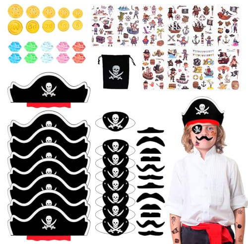 CACAVNONY Decorazione Pirata Compleanno per Bambini Set 59, Cappello da Pirata, Benda sull'occhio Festa da Pirata Accessori per Adesivo per Tatuaggi Barba da Pirata Pietre Preziose Monete d'Oro