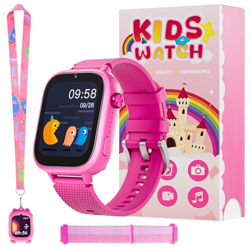 OKYUK 4G Kinder Smartwatch Mit GPS Und Telefon, Armbanduhr Für Jungen Und Mädchen, Video Phone Call, Nachrichten, Schulmodus, SOS-Funktion, Kamera Und Schrittzähler (Rosarot)