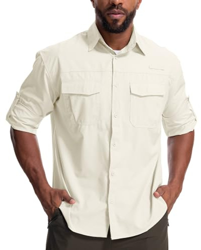 Yenwits Camisa de Exterior para Hombre de Manga Larga, Camisa Safari de UV Protección UPF 50+, Camisa Funcional Respirable de Secado Rápido, Camisa Casual para Senderismo, Pesca, Trekking, albaricoque
