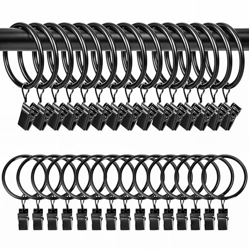 Qualsen 30 Piezas Anillas para Cortinas con Clips para Colgar Cortinas Anillo de Metal con Diámetro Interior de 35 mm para Barras de Cortina Anillas para Cortinas Colgar Fotos con Pinzas (Negro)