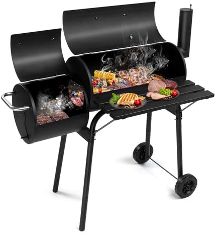 Bonnlo BBQ Grill with Wheels, Outdoor Barbecues & Smokers, Portable Barrel Charcoal Grill, Built-in Thermometer, for 6-10 People Garden BBQ Party