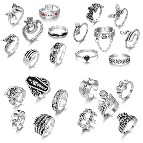 XFSRG 24 Piezas Anillos Estilo Punk Retro Moda Anillo Flores Mariposas Esqueletos Elementos Angelinos La Tendencia es Única para Hombres y Mujeres