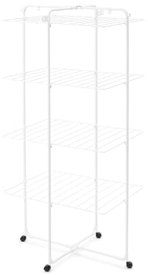 Brabantia HangOn Tendedero en Torre 30 M (Blanco), tendedero Vertical Que Ahorra Espacio, tenderete de Ropa Plegable con 4 Niveles de Secado, Ruedas y Ganchos