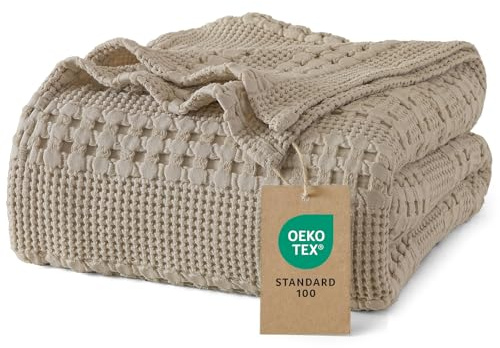 PHF 100% Baumwolle Waffledecke Kuscheldecke 150x200cm, Oeko-TEX® Zertifiziert - Hotelwäschequalität - Ideal für Sofa Couch Bett, leicht & atmungsaktiv, Taube (Simply Taupe)