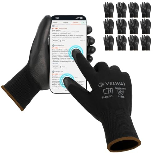 Velway Guantes de Trabajo con Pantalla Táctil - 12 Pares Guantes Jardineria Finos Recubrimiento de PU para Hombre y Mujer - Multiusos para Mecánica Construcción Pintura Bricolaje - Negro Talla 9/L