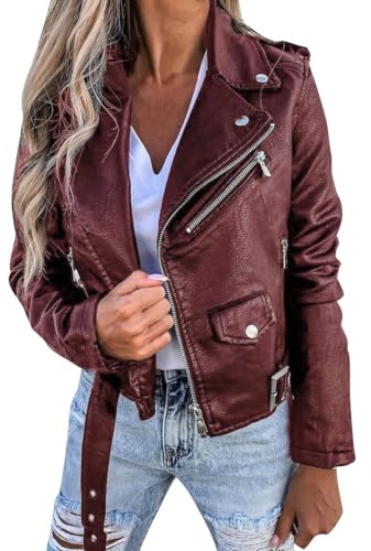 Chaqueta de Motociclista de Piel Sintética para Mujer, Abrigo de Invierno con Solapa y Cremallera, Chaqueta de Motociclista Corta de Piel Sintética para Mujer, Abrigo Fino Vintage para Primavera y