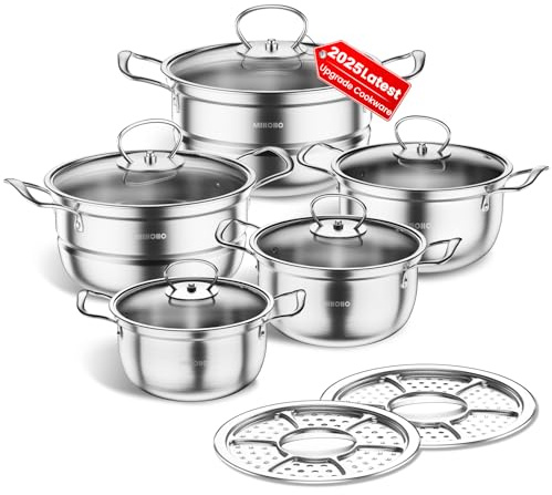 Stainless Steel Cookware Set, 12 Piece Kitchen Induction Cookware Set, Works with Induction/Electric and Gas Cooktops, Kitchen Cooking Set with Glass Lid (Silver S)
