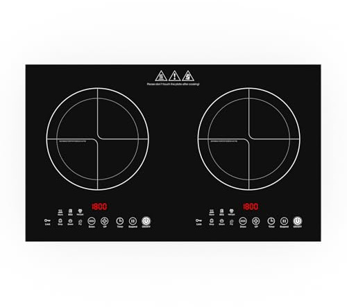 VBGK induccion 2 fuegos，220V 3600W vitro portatil 2 fuegos Con panel de acabado cepillado y control táctil LED, placa de inducción con 9 niveles de potencia, bloqueo de seguridad infantil