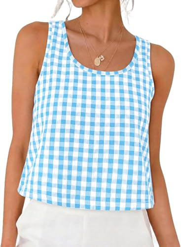 KISSMODA Womens Basic Crop Vests Summer Sleeveless Tunic Tops Gingham Stripe Fashion Tank Top