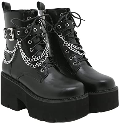 Women's Gothic Metal Chain Lace-Up Ankle Boots - Warm Lining, Wear-Resistant, Breathable Leather, Chunky Heel, Autumn Winter Boots - Black