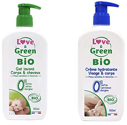 Love & Green Gel Lavant Corps/Cheveux Bio 0% 500 ML +Crème Hydratante Visage/Corps Bio 0% 500 ML
