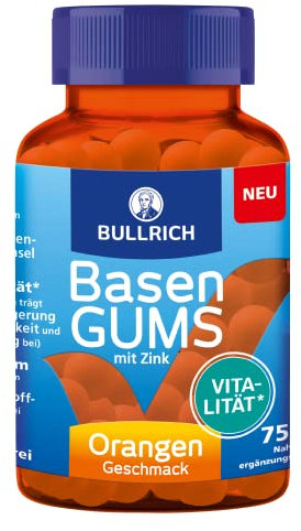 Bullrich Basen-GUMS 75 Stück | Gummibärchen mit Zink für einen ausgeglichenen Säure-Basen-Haushalt | Zuckerfrei | Fruchtiger Orangen-Geschmack